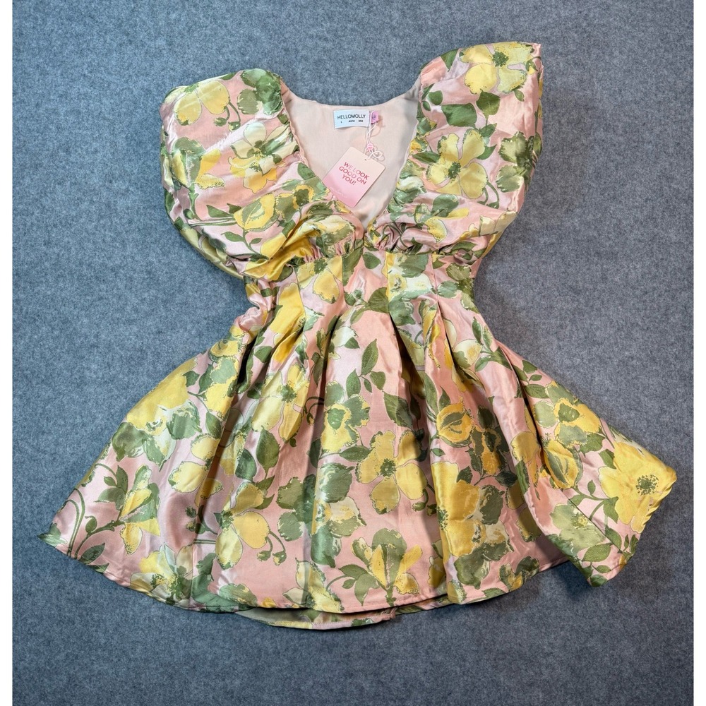 Hello Molly Pink Floral Jacquard Puff Sleeve Mini Dress Size 8 L New